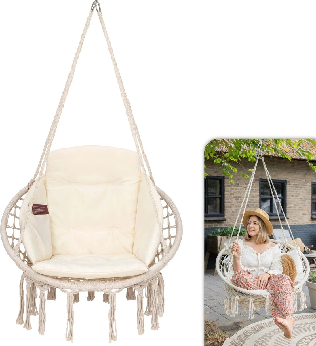 Vita5 Macramé Hangstoel - Voor Binnen En Buiten - Zonder Standaard - Incl. Kussen, Boekenvak En Beschermhoes - Tot 150kg - Beige 3 Vita5 Macramé Hangstoel - Voor Binnen En Buiten - Zonder Standaard - Incl. Kussen, Boekenvak En Beschermhoes - Tot 150kg - Beige