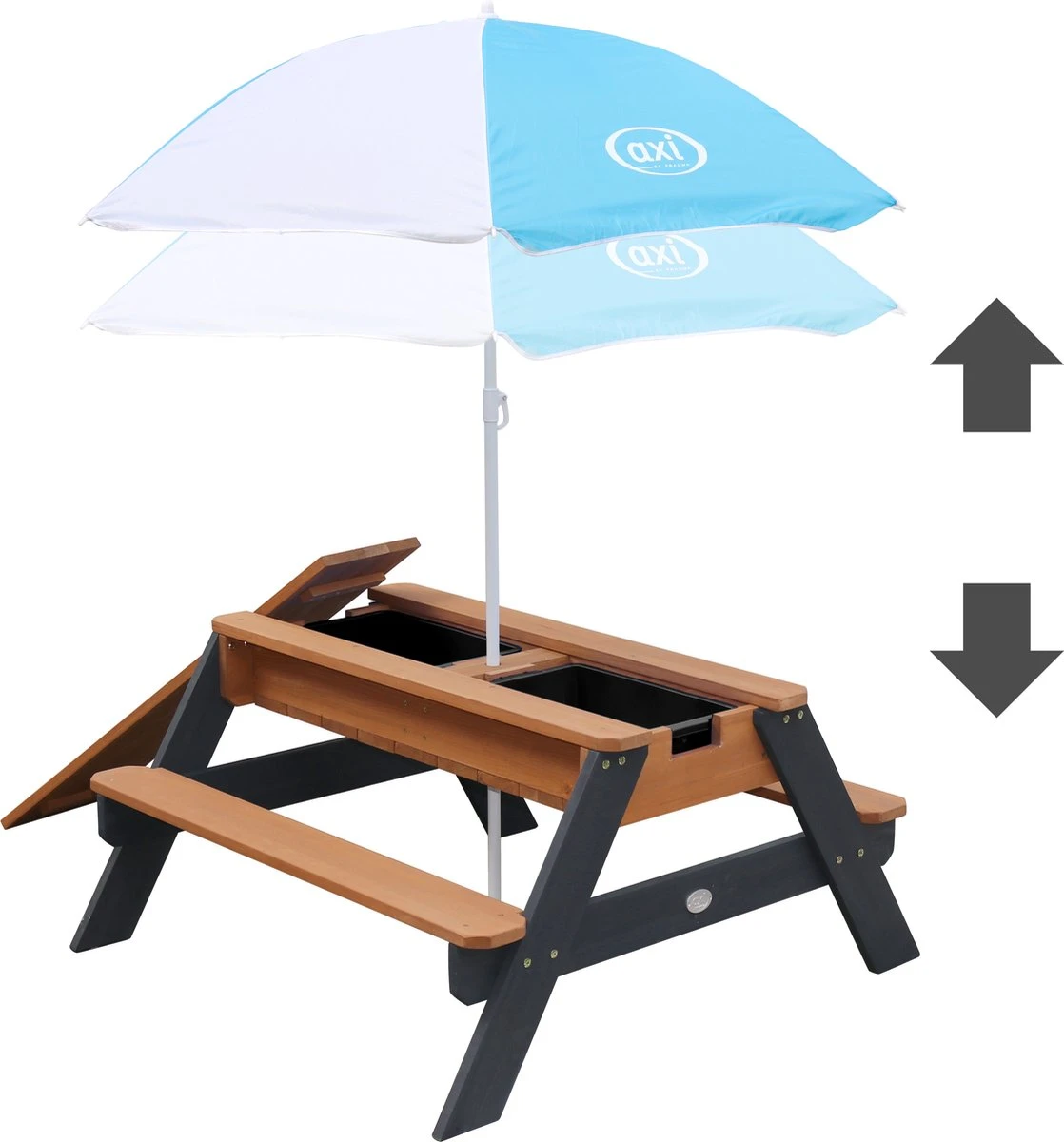AXI Nick Zand & Water Picknicktafel In Antraciet/Bruin - Parasol Blauw/Wit - Picknick Tafel Voor Kinderen Van Hout 4 AXI Nick Zand & Water Picknicktafel In Antraciet/Bruin - Parasol Blauw/Wit - Picknick Tafel Voor Kinderen Van Hout - Afbeelding 2