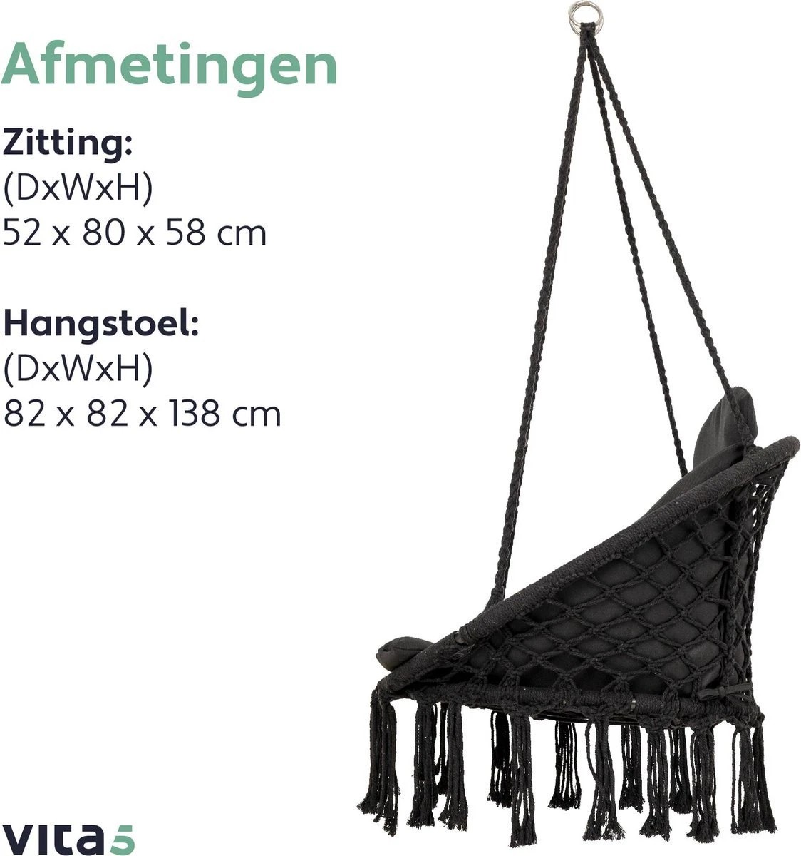 Vita5 Macramé Hangstoel - Voor Binnen En Buiten - Zonder Standaard - Incl. Kussen, Boekenvak En Beschermhoes - Tot 150kg - Zwart 10 Vita5 Macramé Hangstoel - Voor Binnen En Buiten - Zonder Standaard - Incl. Kussen, Boekenvak En Beschermhoes - Tot 150kg - Zwart - Afbeelding 8