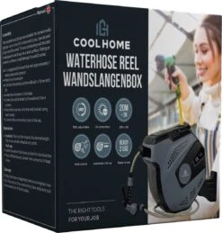 CoolHome - Wandslangenbox 20 Meter + 2 Meter - Tuinslang Met Haspel- Slangenhouder 180° Draaibaar - Tuinslanghaspel Zwart - Grijs -Buitentuinwinkel 1146x1200