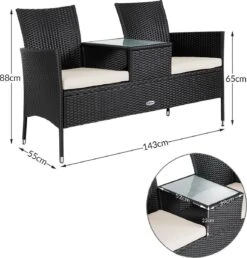 Casaria Polyrattan Tuinbank - Incl. Kussen - 143x55x88 Cm Zwart -Buitentuinwinkel 1150x1200 6