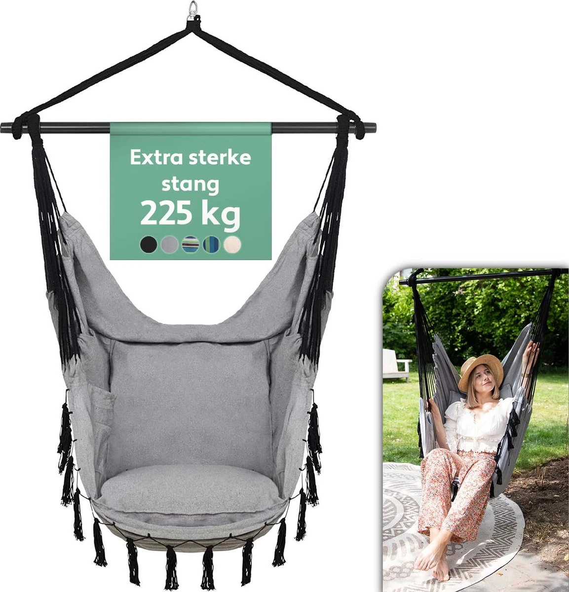 Vita5 XXL Hangstoel | Binnen&Buiten Hangnest | Incl. 2 Kussens En Boekenvak | Volwassenen&Kinderen | Hangmatstoel Tot 225kg | Grijs 3 Vita5 XXL Hangstoel | Binnen&Buiten Hangnest | Incl. 2 Kussens En Boekenvak | Volwassenen&Kinderen | Hangmatstoel Tot 225kg | Grijs