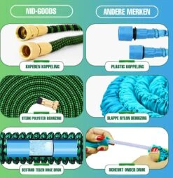 MD-Goods ® Super Sterk Uitrekbare Tuinslang Tot 30 Meter + GRATIS Tas En Koppelstuk - Tuinsproeier - Tuin Besproeien - Waterslang - Sproeikop - Groen - Flexibel Elastisch -Buitentuinwinkel 1169x1200