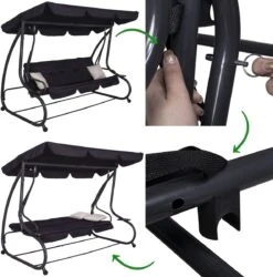 Springos Schommelbank | Linda-Schommel | 3-zits | Waterafstotend | Inclusief 2 Kussens | Verstelbare Luifel | 162 X 200 X 120 Cm | Zwart -Buitentuinwinkel 1186x1200 10