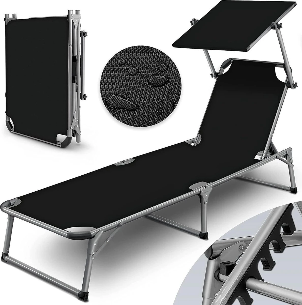 Sens Design Zonnebed - Ligbed Inklapbaar Met Zonneklep - Zwart 3 Sens Design Zonnebed - Ligbed Inklapbaar Met Zonneklep - Zwart