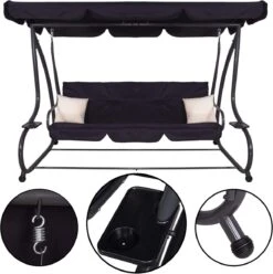 Springos Schommelbank | Linda-Schommel | 3-zits | Waterafstotend | Inclusief 2 Kussens | Verstelbare Luifel | 162 X 200 X 120 Cm | Zwart -Buitentuinwinkel 1194x1200 12