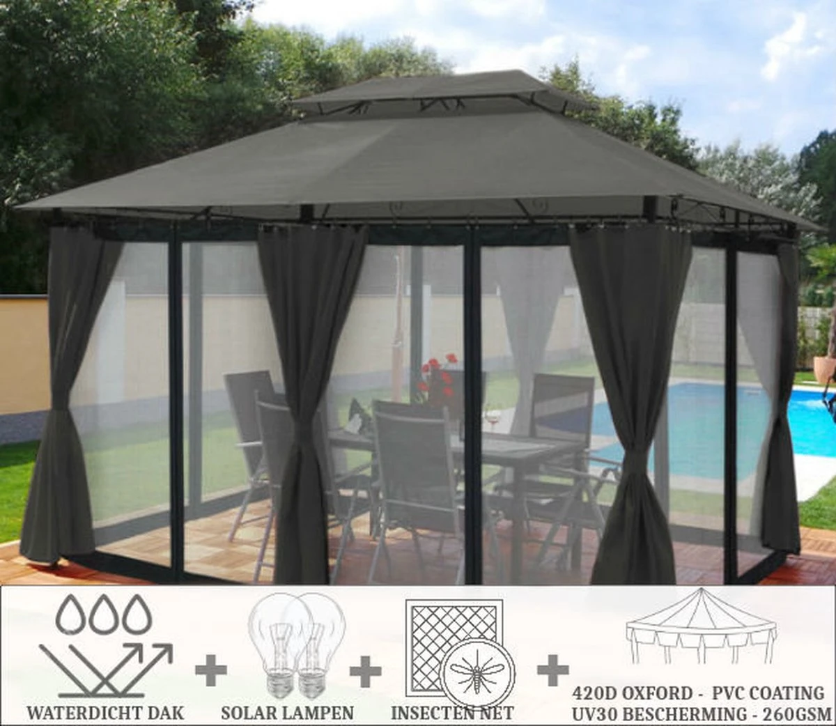 El Jardin - Partytent - 4x3 - Waterdicht Dak - Wanden - Solar - Antraciet Paviljoen 4 El Jardin - Partytent - 4x3 - Waterdicht Dak - Wanden - Solar - Antraciet Paviljoen - Afbeelding 2