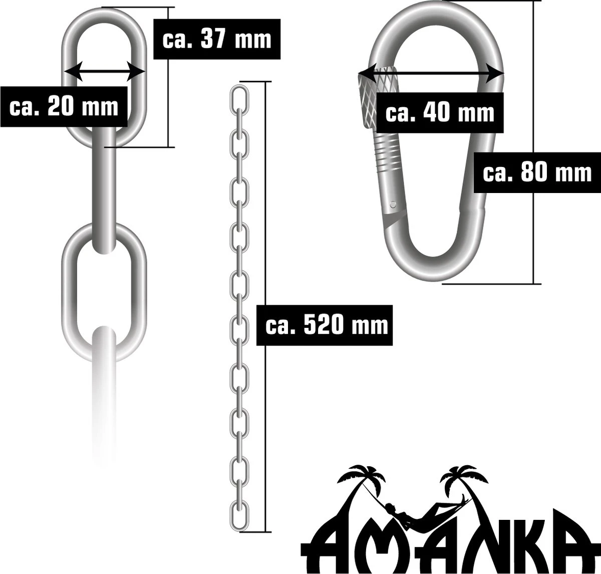 2x 50cm Hangende Stoelketting Tot 230kg - 4 Karabiners - Schommel Hangmat Bokszak Ophanging 7 2x 50cm Hangende Stoelketting Tot 230kg - 4 Karabiners - Schommel Hangmat Bokszak Ophanging - Afbeelding 5