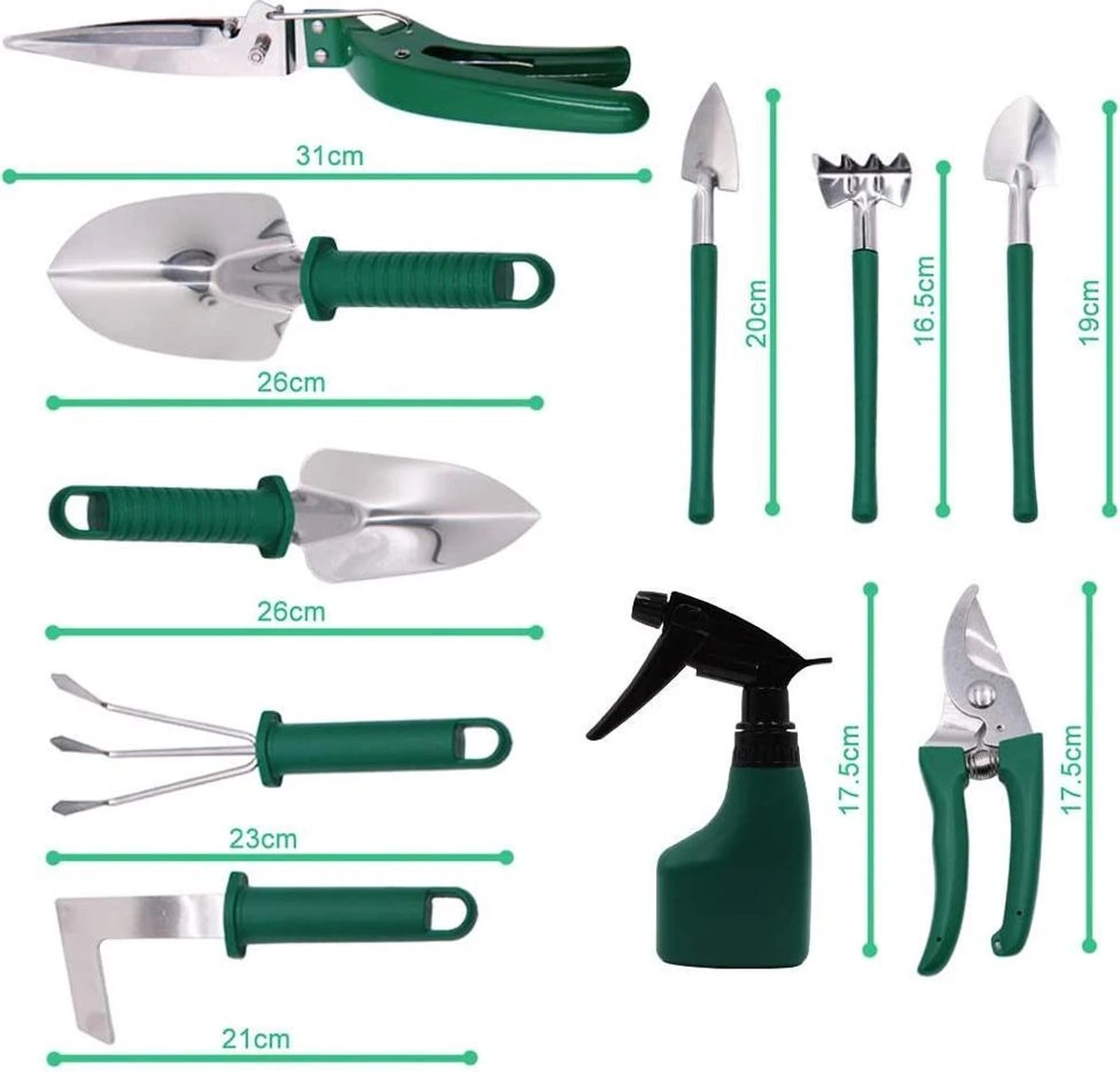 Tuingereedschap Set Tuinierset 10 Delig - Snoeischaar Tuinschaar Bloemenschaar Tuinschepje Plantenspuit Handhark 11 Tuingereedschap Set Tuinierset 10 Delig - Snoeischaar Tuinschaar Bloemenschaar Tuinschepje Plantenspuit Handhark - Afbeelding 9