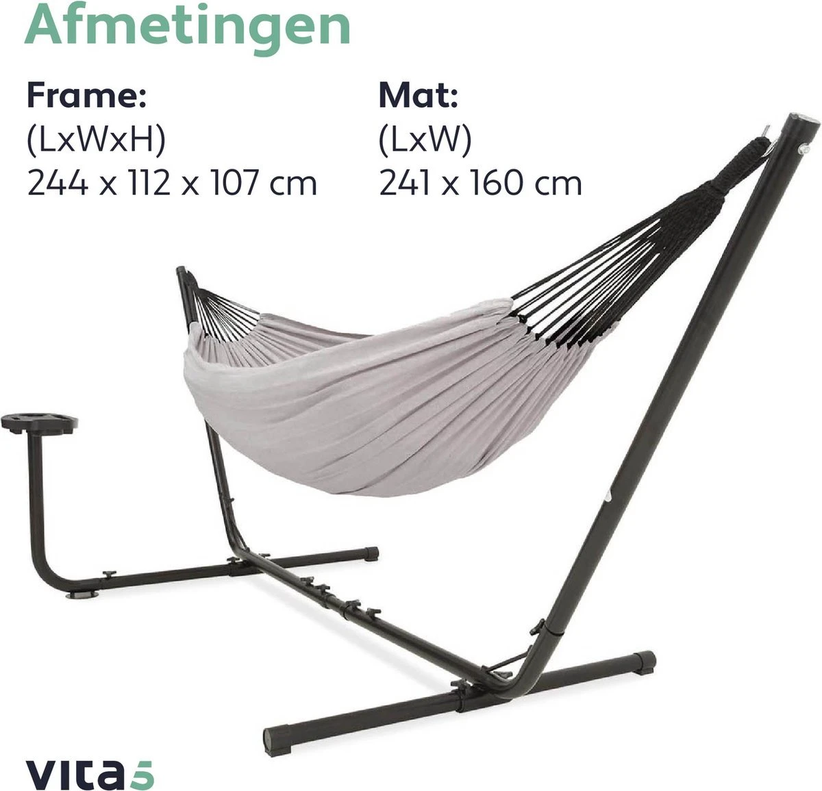 Vita5 Hangmat Met Standaard – 2 Persoons – Incl. Bekerhouder – 205kg Draaggewicht – Grijs 10 Vita5 Hangmat Met Standaard – 2 Persoons – Incl. Bekerhouder – 205kg Draaggewicht – Grijs - Afbeelding 8