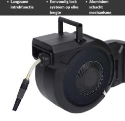 Buxibo - Wandslangenbox 20 Meter + 2 Meter - Tuinslang Met Haspel - 9 Sproei Standen - Slangenhouder 180° Draaibaar - Tuinslanghaspel Zwart+ Gratis Sproeier - Zwart -Buitentuinwinkel 1200x1161