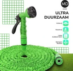 Uitrekbare Tuinslang Tot 15 Meter Van MD-goods ® - Tuinsproeier - Tuin Besproeien - Waterslang - Sproeikop - Groen - Flexibel Elastisch -Buitentuinwinkel 1200x1167