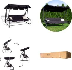 Springos Schommelbank | Linda-Schommel | 3-zits | Waterafstotend | Inclusief 2 Kussens | Verstelbare Luifel | 162 X 200 X 120 Cm | Zwart -Buitentuinwinkel 1200x1171 8