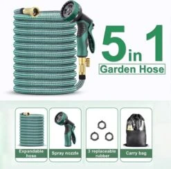 IBright Extra Sterke Uitrekbare Tuinslang - Flexibel - 15 Meter - Inclusief Opbergtas ,Sproeier ,Koppelstuk En Ophanghaak - Groen -Buitentuinwinkel 1200x1183