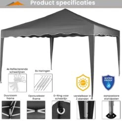 Easy Up Partytent - Partytent - Paviljoen - Partytent Opvouwbaar - Partytent 3x3 - Partytent Met Zijwanden - Inclusief Trolley - Waterdicht - UV 50+ Bescherming - Met Ramen - 16 Kg - Staal - Antraciet - 300 X 300 Cm -Buitentuinwinkel 1200x1191 23