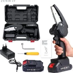 Zenway - Mini Kettingzaag - Snoeizaag - Kettingzaag - Kettingzaag Elektrisch Met 1 Accu- Inclusief Koffer - 1 Extra Accu - Zwart