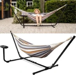 Vita5 Hangmat Met Standaard – 2 Persoons – Incl. Bekerhouder – 205kg Draaggewicht – Blauw/Wit/Bruin