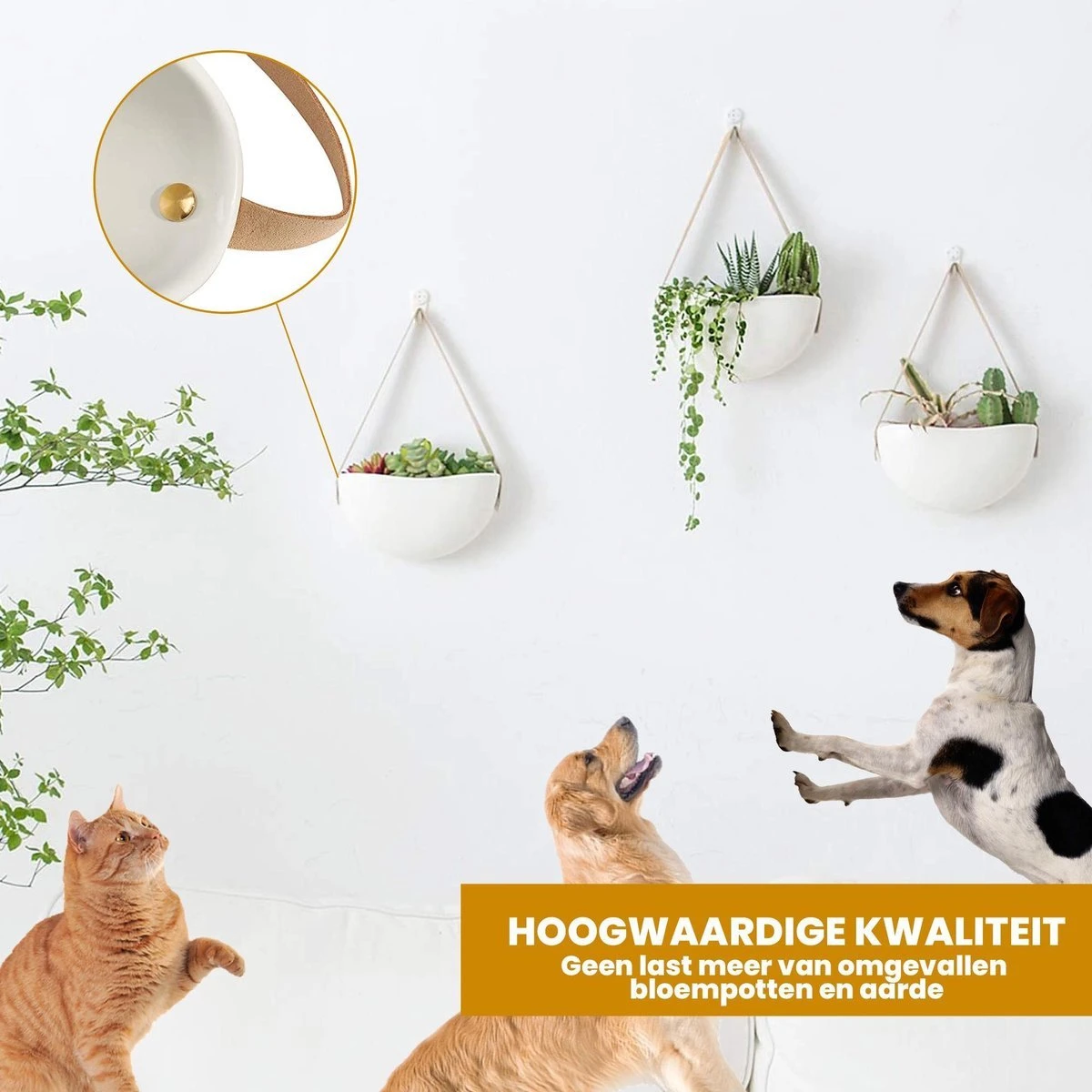 Plantenhanger Keramiek – Set Van 3 – Wit Steen- Hangpot – Hangende Bloempot Plantenpot - 3 Verschillende Koorden - 18 X 11 X 7 Cm 4 Plantenhanger Keramiek – Set Van 3 – Wit Steen- Hangpot – Hangende Bloempot Plantenpot - 3 Verschillende Koorden - 18 X 11 X 7 Cm - Afbeelding 2