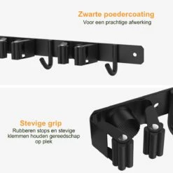 Volcan Bezemhouder - Bezem Ophangsysteem Tuingereedschap - Gereedschapshouder - Zelfklevend - 3M Tape - 3 Houders 4 Haken - RVS Zwart -Buitentuinwinkel 1200x1200 1513