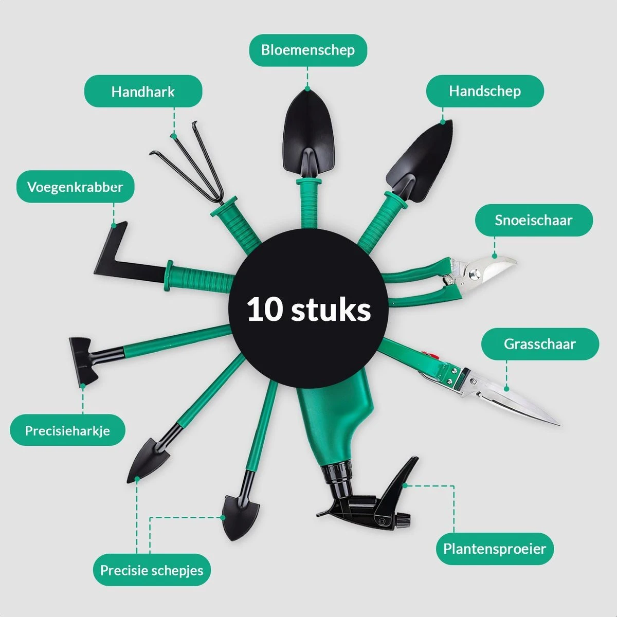 Tuinierset 10 Delig Met Complete Gereedschapskoffer Set Inclusief Tuinschaar, Handschep, Handhark, Plantenspuit, Haakvormige Voegenkrabber, Bloemenschepje, Bloemenschaar, Grasschaar En Heggenschaar 4 Tuinierset 10 Delig Met Complete Gereedschapskoffer Set Inclusief Tuinschaar, Handschep, Handhark, Plantenspuit, Haakvormige Voegenkrabber, Bloemenschepje, Bloemenschaar, Grasschaar En Heggenschaar - Afbeelding 2