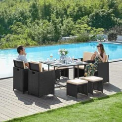 Tuinmeubelset - Tuinset 4 6 8 Persoons - Eettafel En Stoelen - Set Van 9 - Terras - Tuintafel - Salontafel Met Glazen Oppervlak - Zwart Beige 17 Tuinmeubelset - Tuinset 4 6 8 Persoons - Eettafel En Stoelen - Set Van 9 - Terras - Tuintafel - Salontafel Met Glazen Oppervlak - Zwart Beige -Buitentuinwinkel 1200x1200 2178