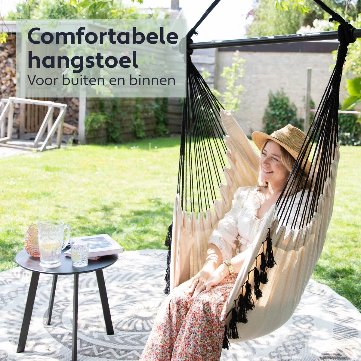 Vita5 XXL Hangstoel | Binnen&Buiten Hangnest | Incl. 2 Kussens En Boekenvak | Volwassenen&Kinderen | Hangmatstoel Tot 225kg | Beige 4 Vita5 XXL Hangstoel | Binnen&Buiten Hangnest | Incl. 2 Kussens En Boekenvak | Volwassenen&Kinderen | Hangmatstoel Tot 225kg | Beige - Afbeelding 2