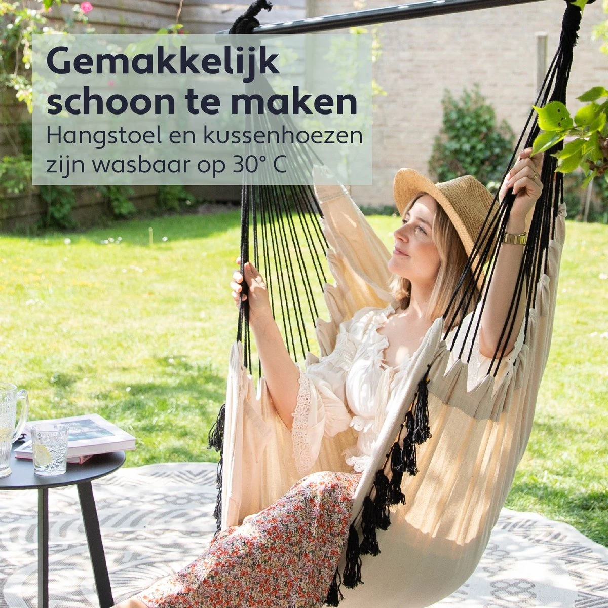 Vita5 XXL Hangstoel | Binnen&Buiten Hangnest | Incl. 2 Kussens En Boekenvak | Volwassenen&Kinderen | Hangmatstoel Tot 225kg | Beige 6 Vita5 XXL Hangstoel | Binnen&Buiten Hangnest | Incl. 2 Kussens En Boekenvak | Volwassenen&Kinderen | Hangmatstoel Tot 225kg | Beige - Afbeelding 4