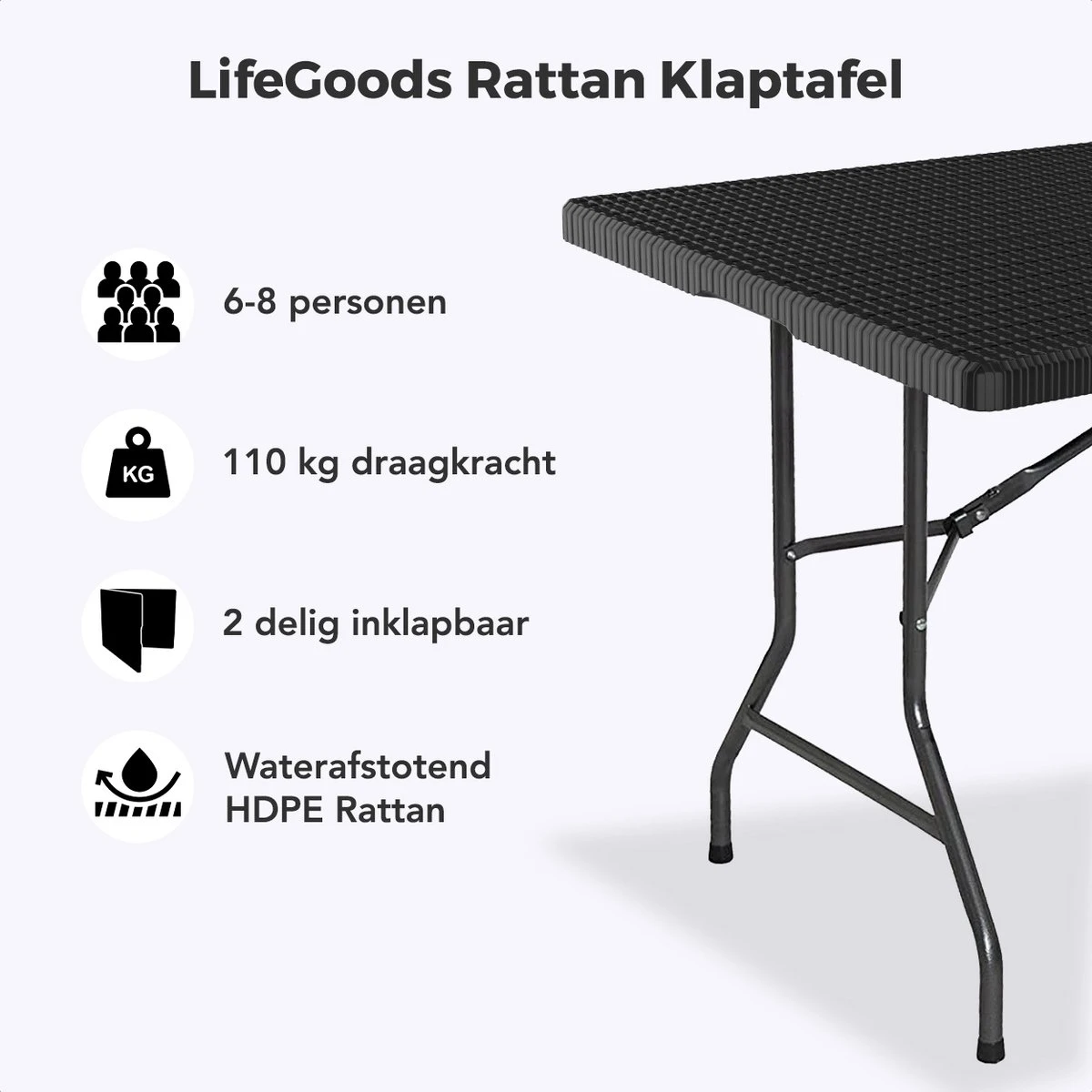 LifeGoods Klaptafel - Inklapbaar - 180 Cm - 6 Tot 8 Personen - Zwart 4 LifeGoods Klaptafel - Inklapbaar - 180 Cm - 6 Tot 8 Personen - Zwart - Afbeelding 2