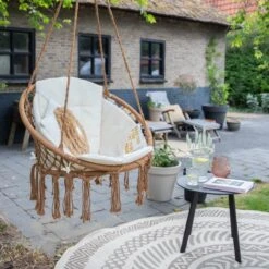 Vita5 Macramé Hangstoel - Voor Binnen En Buiten - Zonder Standaard - Incl. Kussen, Boekenvak En Beschermhoes - Tot 150kg - Bruin/Beige -Buitentuinwinkel 1200x1200 2568
