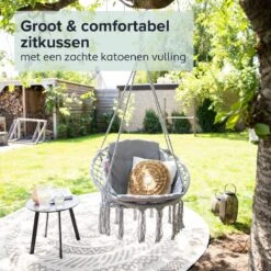 Vita5 Macramé Hangstoel - Voor Binnen En Buiten - Zonder Standaard - Incl. Kussen, Boekenvak En Beschermhoes - Tot 150kg - Grijs -Buitentuinwinkel 1200x1200 2626