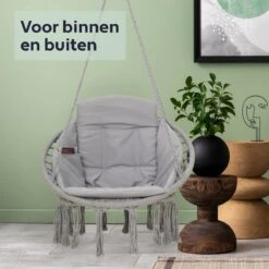 Vita5 Macramé Hangstoel - Voor Binnen En Buiten - Zonder Standaard - Incl. Kussen, Boekenvak En Beschermhoes - Tot 150kg - Grijs -Buitentuinwinkel 1200x1200 2628