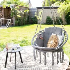 Vita5 Macramé Hangstoel - Voor Binnen En Buiten - Zonder Standaard - Incl. Kussen, Boekenvak En Beschermhoes - Tot 150kg - Grijs -Buitentuinwinkel 1200x1200 2629