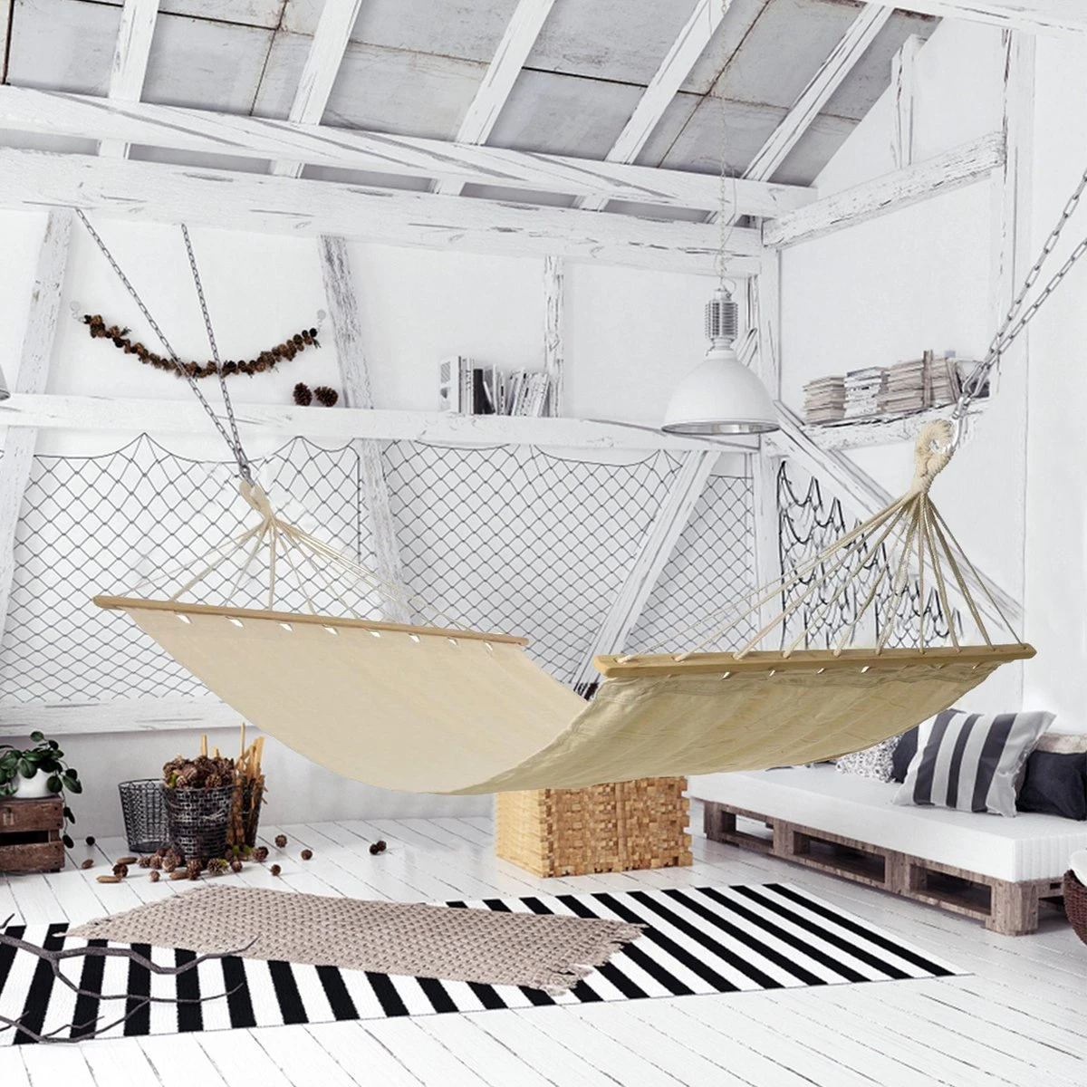 Merkloos Hangmat - Incl Bevestigingshaak - Met Spreidstok - Beige - Comfortabel - Met Karabijnhaak 3 Merkloos Hangmat - Incl Bevestigingshaak - Met Spreidstok - Beige - Comfortabel - Met Karabijnhaak