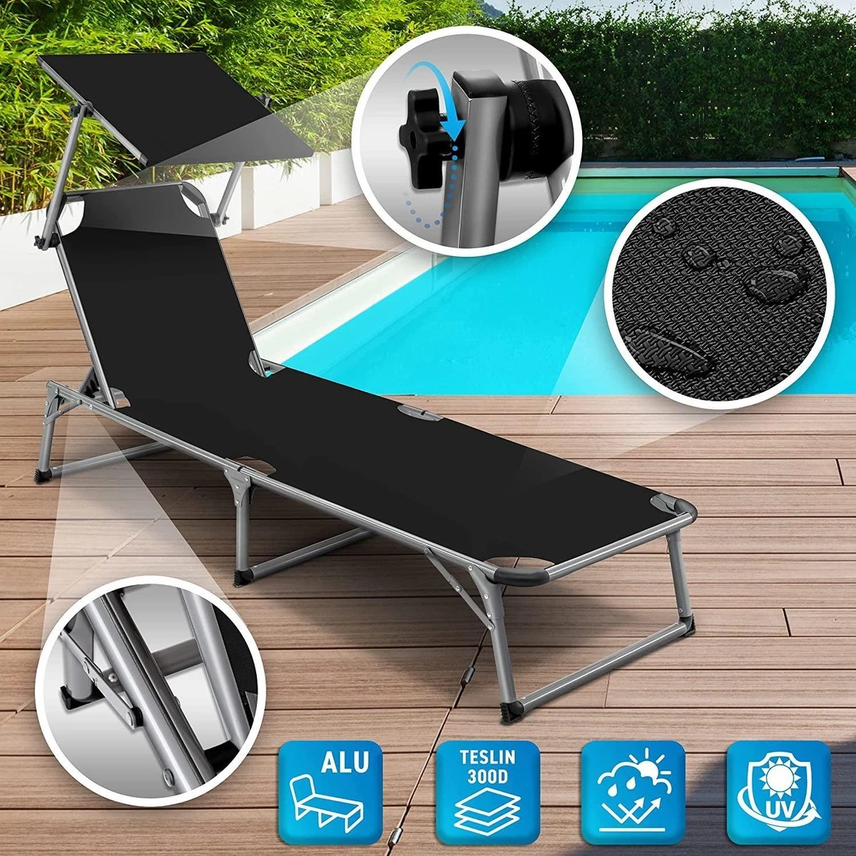 Sens Design Zonnebed - Ligbed Inklapbaar Met Zonneklep - Zwart 7 Sens Design Zonnebed - Ligbed Inklapbaar Met Zonneklep - Zwart - Afbeelding 5
