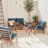 Houten Loungeset 4 Plaatsen - Ushuaïa - Donker Turquoise Kussens, Bank, Fauteuils En Lage Tafel Van Acacia, Design -Buitentuinwinkel 1200x1200 2836