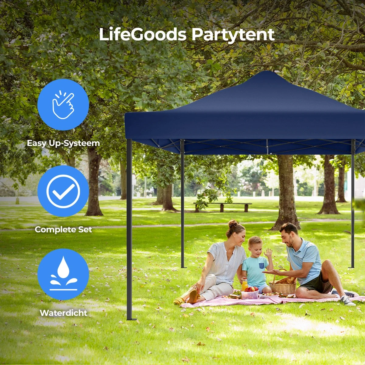 LifeGoods Partytent - 3x4.5 M - Zijwanden - Easy Up - Opvouwbaar - Waterdicht - Draagtas Met Wieltjes - Donkerblauw 8 LifeGoods Partytent - 3x4.5 M - Zijwanden - Easy Up - Opvouwbaar - Waterdicht - Draagtas Met Wieltjes - Donkerblauw - Afbeelding 6