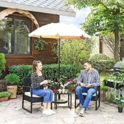 Songmics Tuinmeubelset, 3-delige Set, Van Polyrotan, Voor Outdoor, Terras, Balkon, Tuin, Eenvoudige Montage, Bijzettafel En 2 Stoelen, Zwart-beige -Buitentuinwinkel 1200x1200 2933