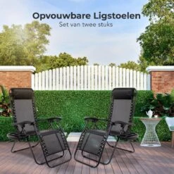 LifeGoods Opvouwbare Tuinstoelen - Verstelbaar Zonnescherm - 2 Stuks - 30°-90° Verstelbaar - Metaal - Zwart -Buitentuinwinkel 1200x1200 3077