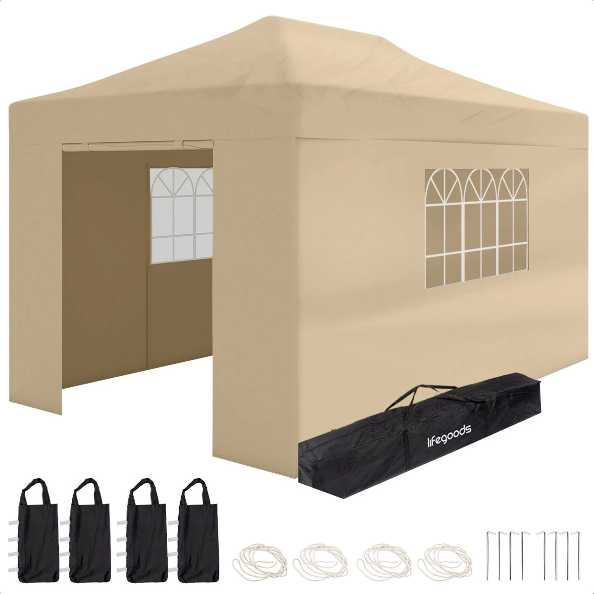 LifeGoods Partytent - 3x4.5 M - Zijwanden - Easy Up - Opvouwbaar - Waterdicht - Draagtas Met Wieltjes - Beige 3 LifeGoods Partytent - 3x4.5 M - Zijwanden - Easy Up - Opvouwbaar - Waterdicht - Draagtas Met Wieltjes - Beige