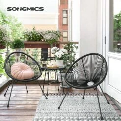 Songmics Balkonmeubilair, Tuinmeubelset, Set Van 3, Zitgroep, Terrasmeubilair, Glazen Tafelblad, 2 Stoelen, Voor Binnen En Buiten, Voor Patio, Tuin, Balkon, Buiten, Zwart GGF013B02 -Buitentuinwinkel 1200x1200 3377