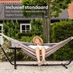 Vita5 Hangmat Met Standaard – 2 Persoons – Incl. Bekerhouder – 205kg Draaggewicht – Blauw/Wit/Bruin -Buitentuinwinkel 1200x1200 3471