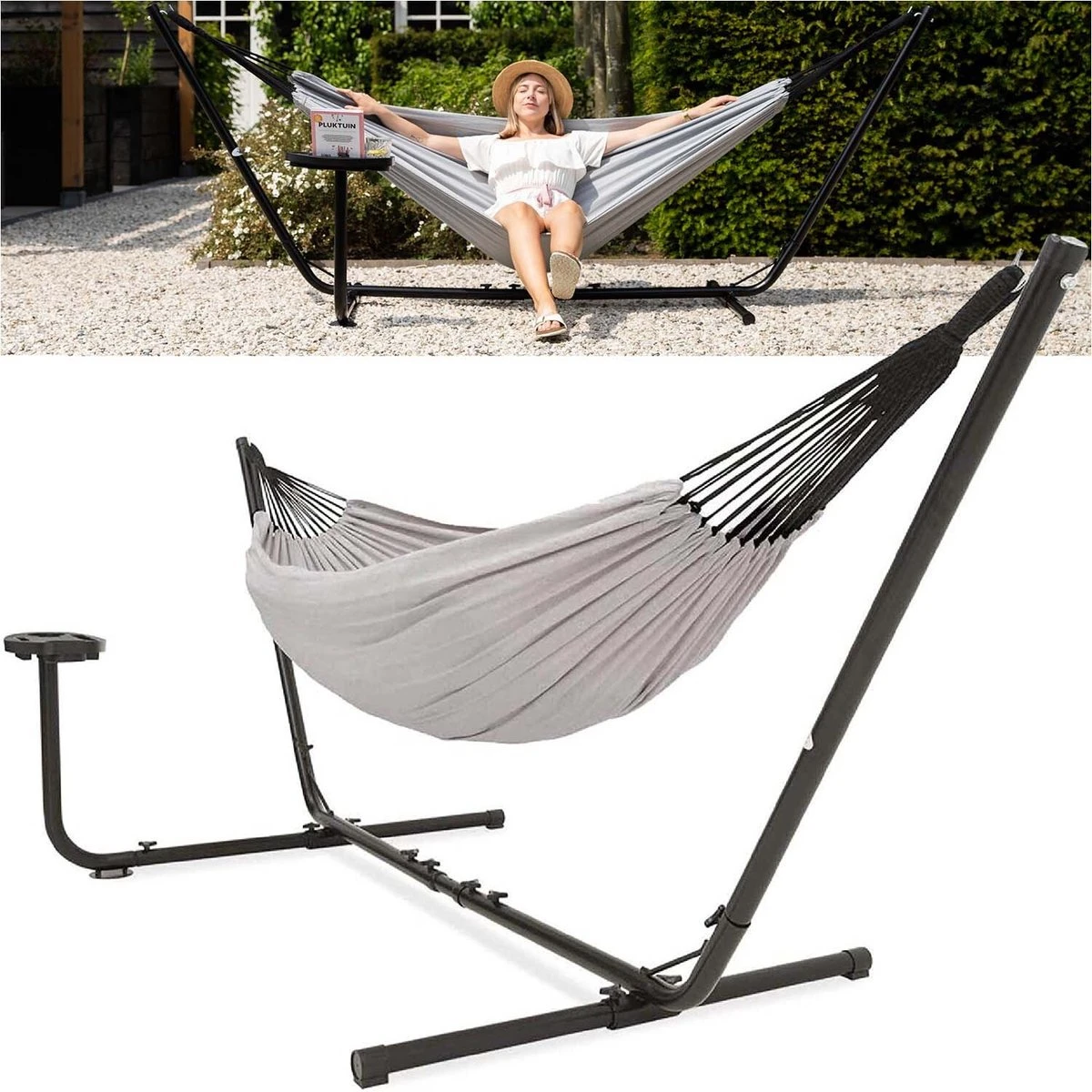 Vita5 Hangmat Met Standaard – 2 Persoons – Incl. Bekerhouder – 205kg Draaggewicht – Grijs 3 Vita5 Hangmat Met Standaard – 2 Persoons – Incl. Bekerhouder – 205kg Draaggewicht – Grijs