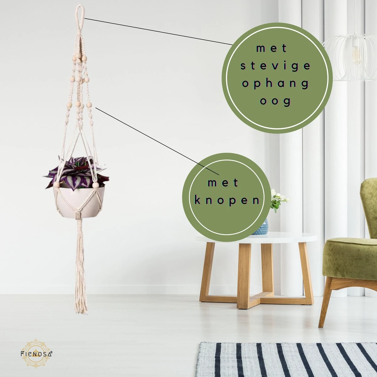 Plantenhanger - Plantenhanger Macrame - Set Van 2 - Wit - Knopen - Luxe Gevlochten Touw - Met Ophang Haken - Fienosa 5 Plantenhanger - Plantenhanger Macrame - Set Van 2 - Wit - Knopen - Luxe Gevlochten Touw - Met Ophang Haken - Fienosa - Afbeelding 3
