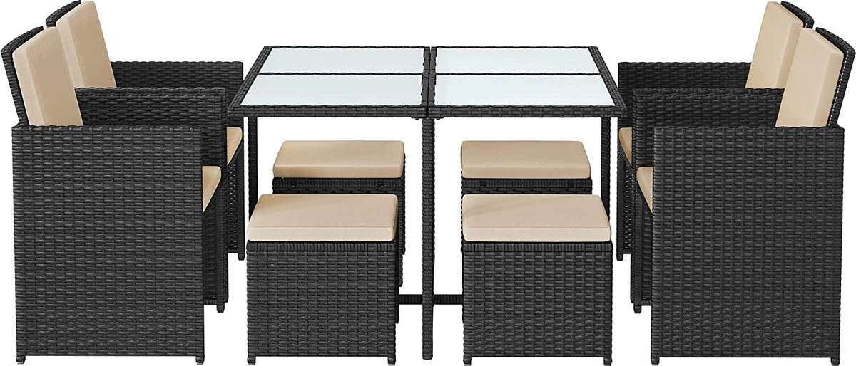 Tuinmeubelset - Tuinset 4 6 8 Persoons - Eettafel En Stoelen - Set Van 9 - Terras - Tuintafel - Salontafel Met Glazen Oppervlak - Zwart Beige 3 Tuinmeubelset - Tuinset 4 6 8 Persoons - Eettafel En Stoelen - Set Van 9 - Terras - Tuintafel - Salontafel Met Glazen Oppervlak - Zwart Beige