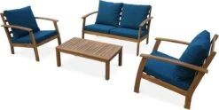 Houten Loungeset 4 Plaatsen - Ushuaïa - Donker Turquoise Kussens, Bank, Fauteuils En Lage Tafel Van Acacia, Design -Buitentuinwinkel 1200x603 8