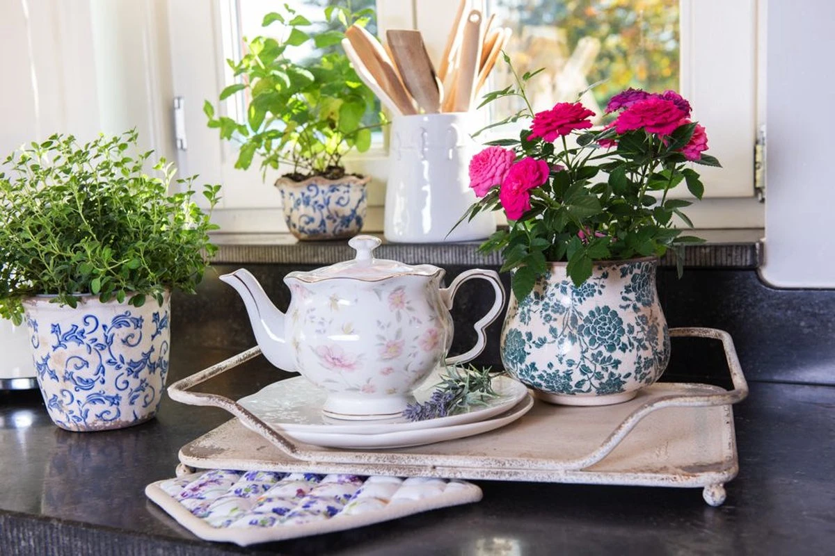 Clayre & Eef Bloempot Ø 21x17 Cm Beige Groen Keramiek Rond Bloemen Bloempot Binnen Plantenpot Plant Pot 4 Clayre & Eef Bloempot Ø 21x17 Cm Beige Groen Keramiek Rond Bloemen Bloempot Binnen Plantenpot Plant Pot - Afbeelding 2