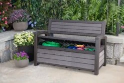 Keter - Hudson Bench Box - 2-zits Bank - Opbergbox - Hout Look & Feel - 227L - 138x63x89cm - Antraciet -Buitentuinwinkel 1200x800 663