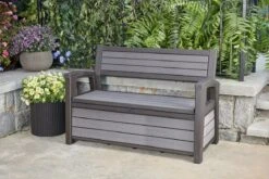 Keter - Hudson Bench Box - 2-zits Bank - Opbergbox - Hout Look & Feel - 227L - 138x63x89cm - Antraciet -Buitentuinwinkel 1200x800 664