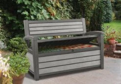 Keter - Hudson Bench Box - 2-zits Bank - Opbergbox - Hout Look & Feel - 227L - 138x63x89cm - Antraciet -Buitentuinwinkel 1200x832 4