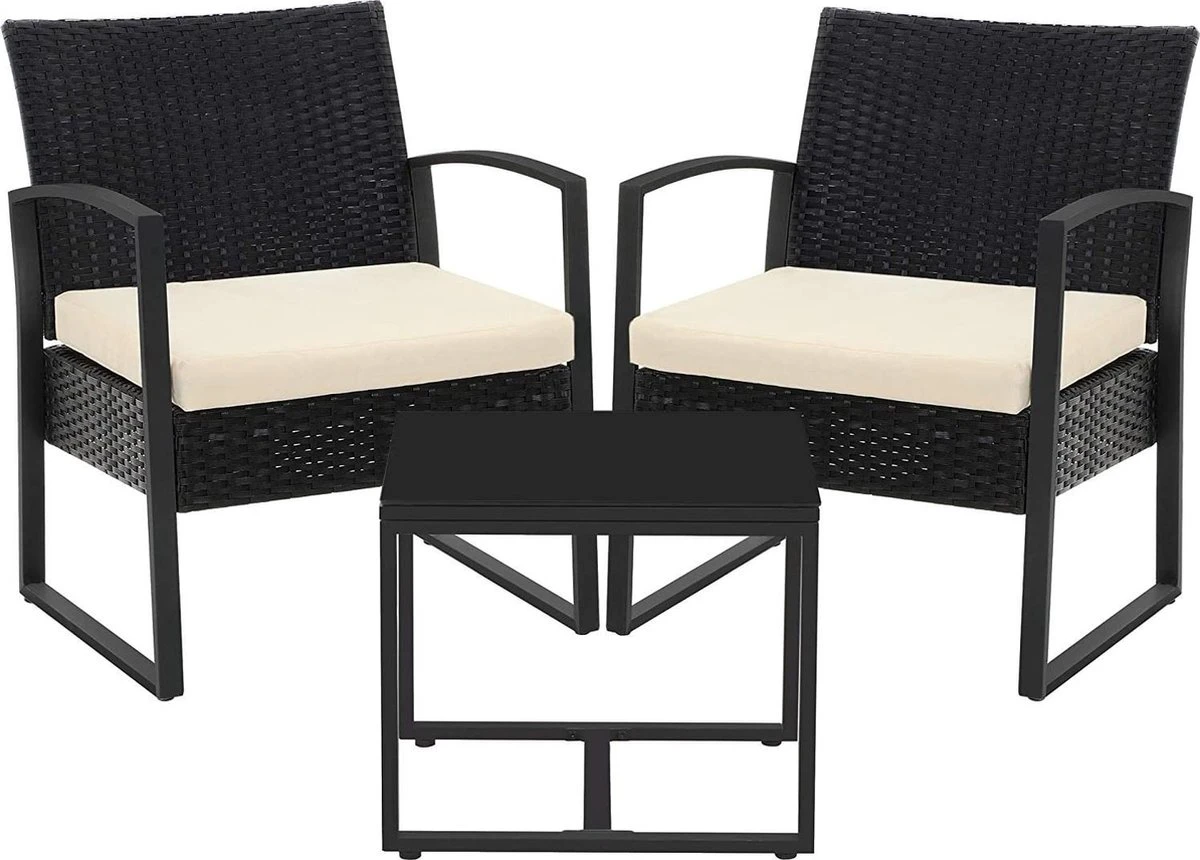 Songmics Tuinmeubelset, 3-delige Set, Van Polyrotan, Voor Outdoor, Terras, Balkon, Tuin, Eenvoudige Montage, Bijzettafel En 2 Stoelen, Zwart-beige